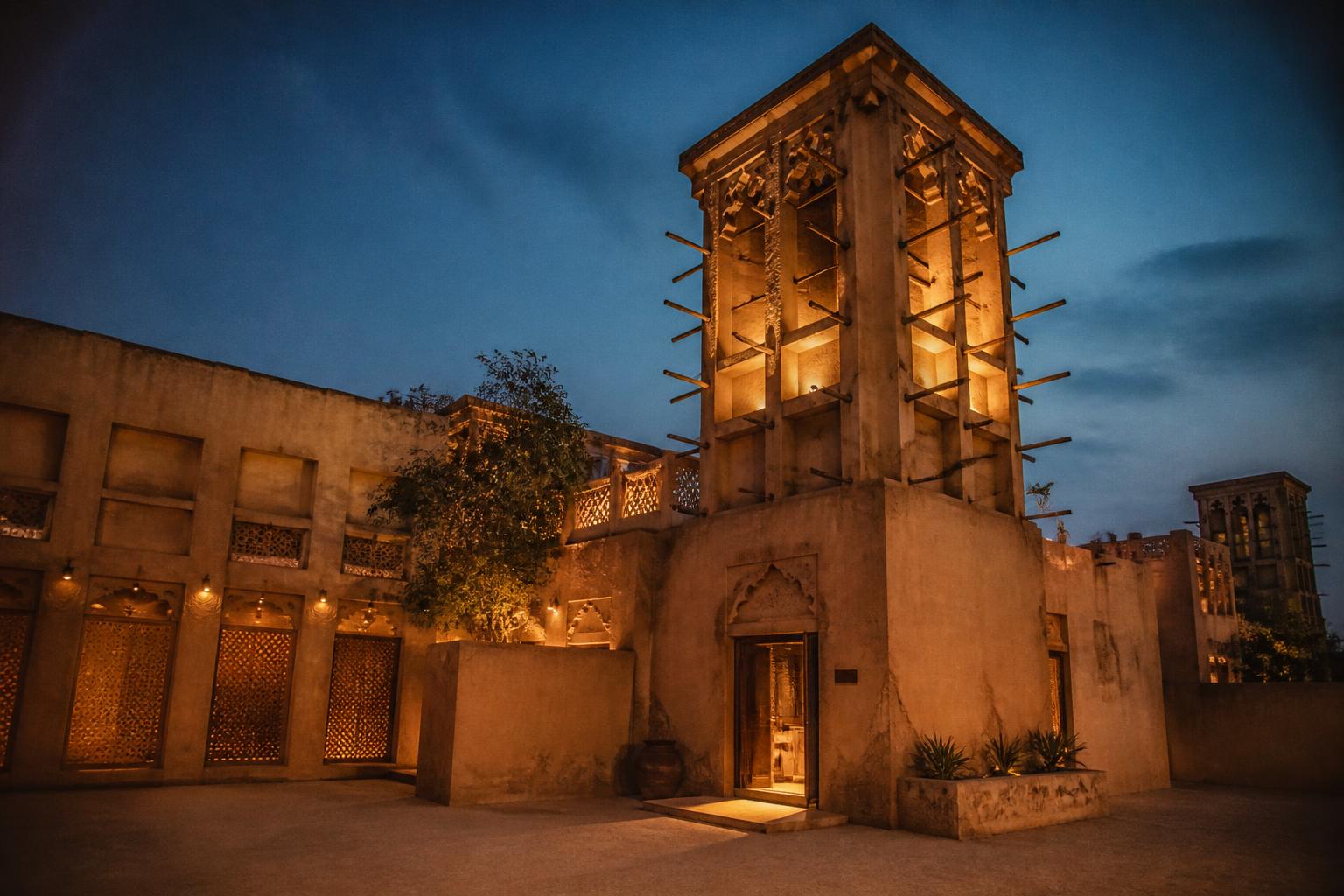 Historic Emirati windtower and courtyard at dusk, warm light against a deep blue sky